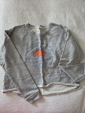 Top of the World Gray Sweatshirt with Orange Sun and Blue Graphic